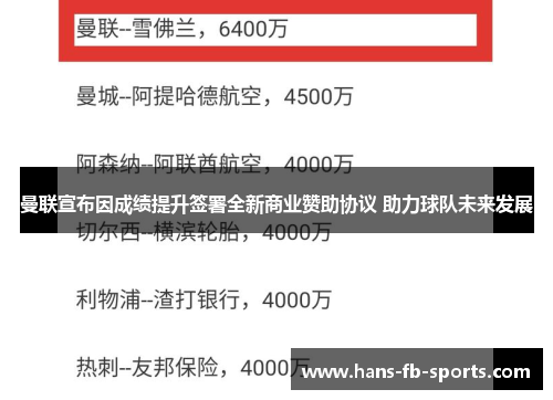 曼联宣布因成绩提升签署全新商业赞助协议 助力球队未来发展